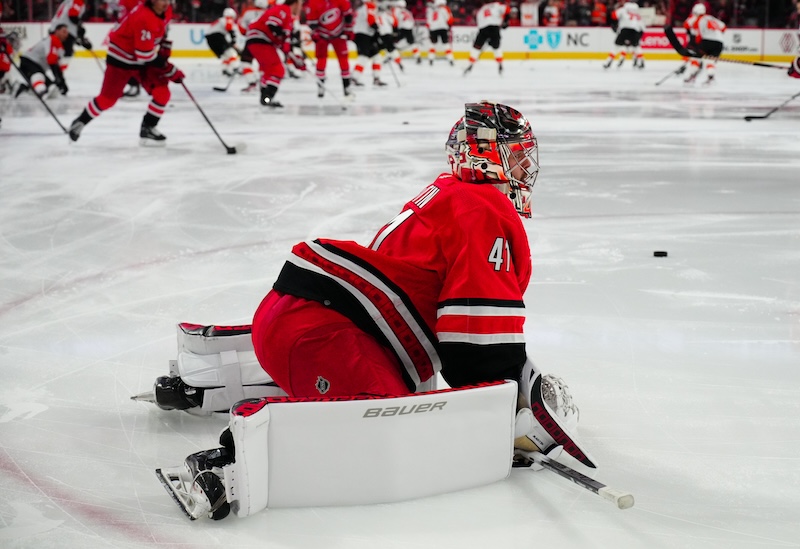 Carolina Hurricanes goaltender Spencer Martin (41) looks on during the warmups before the game before the game against the Philadelphia Flyers at PNC Arena.