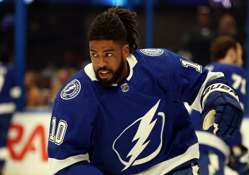 Tampa Bay Lightning left wing Anthony Duclair (10) warms up against the Florida Panthers in game four of the first round of the 2024 Stanley Cup Playoffs at Amalie Arena.