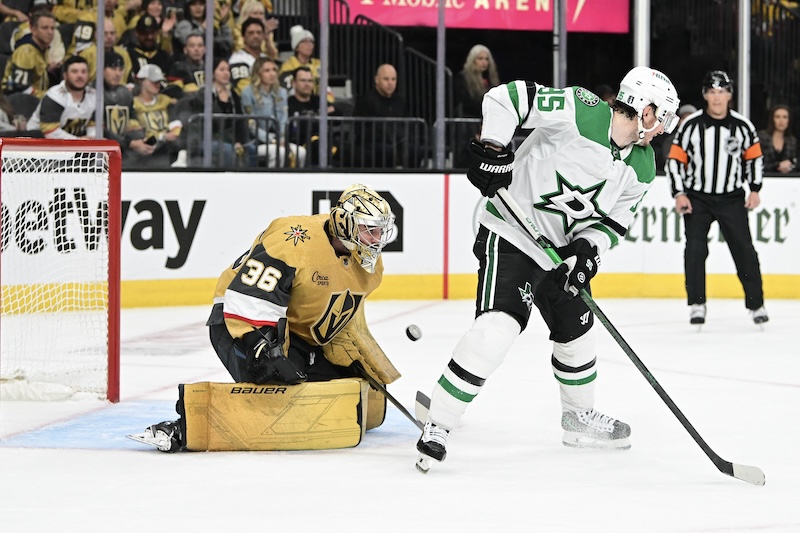 Vegas Golden Knights goaltender Logan Thompson (36) stops a shot behind Dallas Stars center Matt Duchene (95) in overtime in game three of the first round of the 2024 Stanley Cup Playoffs at T-Mobile Arena.