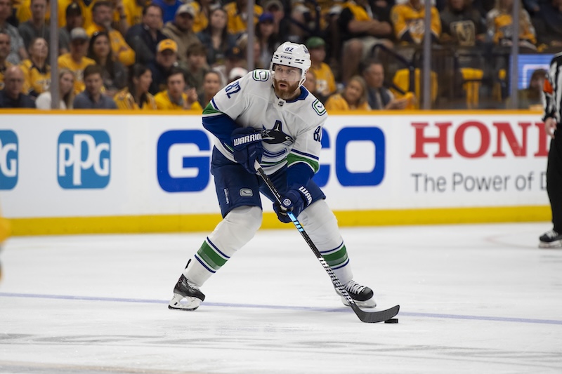 Vancouver Canucks defenseman Ian Cole (82) skates against the Nashville Predators during the first period n game four of the first round of the 2024 Stanley Cup Playoffs at Bridgestone Arena.