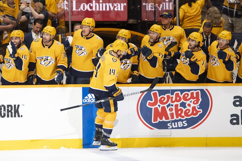 Nashville Predators center Gustav Nyquist (14) celebrates his goal against the Vancouver Canucks during the second period in game four of the first round of the 2024 Stanley Cup Playoffs at Bridgestone Arena.