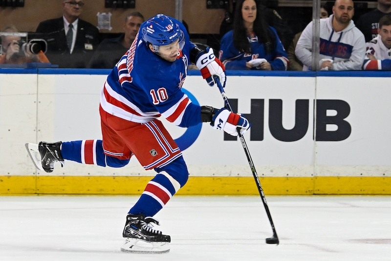 New York Rangers left wing Artemi Panarin (10) attempts a shot Washington Capitals during the third period in game two of the first round of the 2024 Stanley Cup Playoffs at Madison Square Garden.