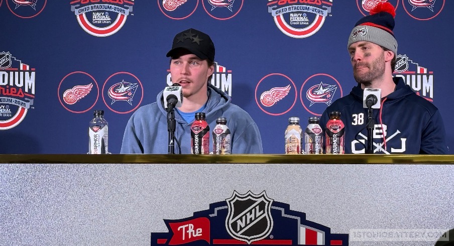 Elvis Merzlikins and Boone Jenner speak to the media after Saturday's 5-3 win.