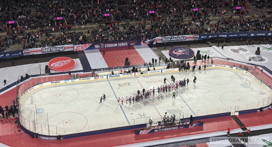 The Blue Jackets and Red Wings postgame handshake.