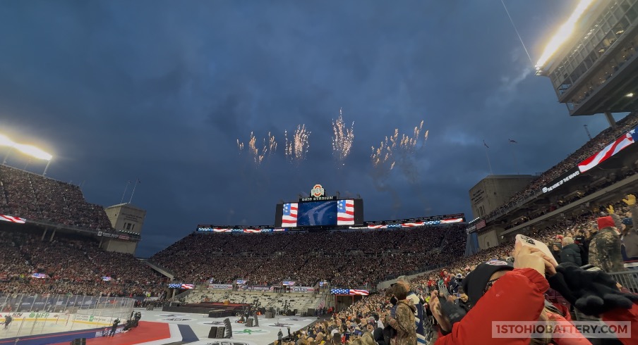 Fireworks during the national anthem at Ohio Stadium between the Blue Jackets and Red Wings.