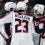 Columbus Blue Jackets defenseman Zach Werenski (8) celebrates his goal with teammates during the third period against the Minnesota Wild at Xcel Energy Center.