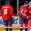 Washington Capitals goaltender Logan Thompson (48) celebrates with Capitals center Dylan Strome (17) and Capitals left wing Alex Ovechkin (8) after their game against the Columbus Blue Jackets at Capital One Arena.