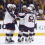 The Columbus Blue Jackets celebrate a goal by defenseman Zach Werenski (8) in the third period against the Nashville Predators at Bridgestone Arena.