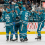 San Jose Sharks defenseman Jack Thompson (26) and San Jose Sharks left wing William Eklund (72) and teammates celebrate after the goal against the Columbus Blue Jackets during the second period at SAP Center at San Jose.