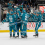 San Jose Sharks defenseman Jack Thompson (26) and San Jose Sharks left wing William Eklund (72) and teammates celebrate after the goal against the Columbus Blue Jackets during the second period at SAP Center at San Jose.