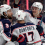 Columbus Blue Jackets defenseman Ivan Provorov (9) celebrates with right wing Justin Danforth (17) and left wing Dmitri Voronkov (10) after scoring during the third period against the Los Angeles Kings at Crypto.com Arena.