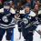 Columbus Blue Jackets defenseman Zach Werenski (8) celebrates his goal with teammates during the second period against the Washington Capitals at Nationwide Arena.