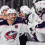 Columbus Blue Jackets right wing Justin Danforth (17) celebrates his shorthanded goal with his teammates during the third period against the Boston Bruins at TD Garden.