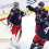 Columbus Blue Jackets goaltender Elvis Merzlikins (90) celebrates with right wing Mathieu Olivier (24) and center Cole Sillinger (4) after defeating the Columbus Blue Jackets at Nationwide Arena.