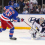 New York Rangers center Mika Zibanejad (93) takes a shot at Columbus Blue Jackets goalie Daniil Tarasov (40) in a shootout at Madison Square Garden.