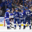 Tampa Bay Lightning defenseman Victor Hedman (77) celebrates with center Brayden Point (21) and left wing Brandon Hagel (38) after scoring a goal against the Columbus Blue Jackets in the third period at Amalie Arena.