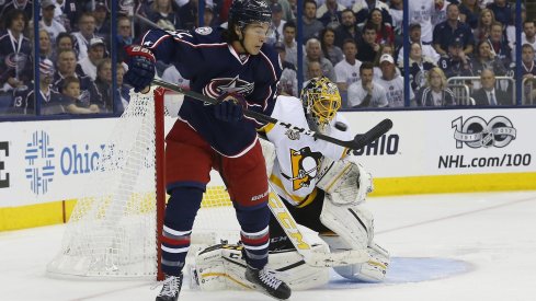 Sonny Milano attempts to deflect the puck past Marc-Andre Fleury during the 2017 Stanley Cup Playoffs