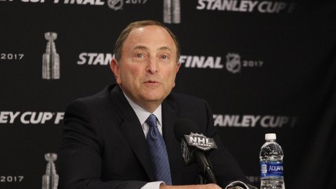 Gary Bettman speaks to the media before a 2017 Stanley Cup playoff game