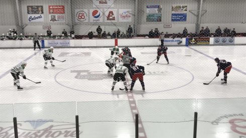 The Columbus Blue Jackets wait for the puck to drop during their first game in Traverse City against the Dallas Stars