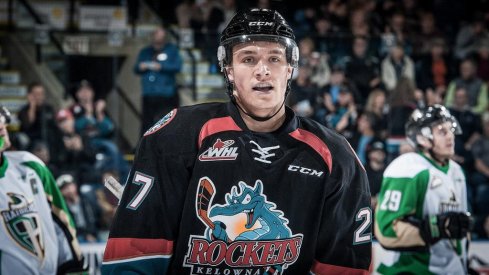 Calvin Thurkauf skates away after play stops during a Kelowna Rockets game