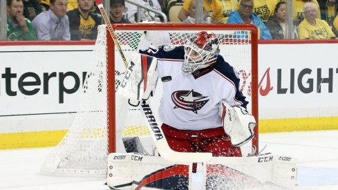 Sergei Bobrovsky stops a puck during the Stanley Cup playoffs