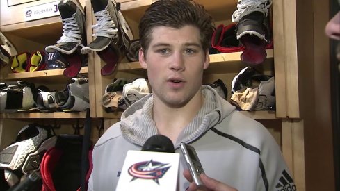 Blue Jackets Josh Anderson speaking to the media after missing training camp