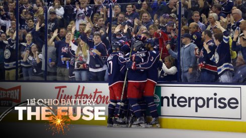 Columbus Blue Jackets celebrate a goal on opening night