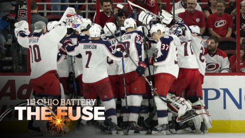 Columbus Blue Jackets celebrate overtime winner by Sonny Milano