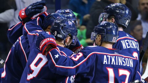 Blue Jackets celebrate a home win over the New York Rangers