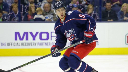 Artemi Panarin awaits a pass at Nationwide Arena.