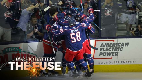 Columbus Blue Jackets celebrate goal by Sonny Milano