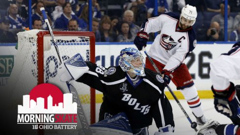 Nick Foligno tries to score against the Tampa Bay Lightning