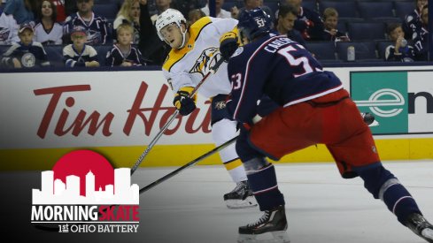 Pontus Aberg tries to skate in on Gabriel Carlsson during a preseason game