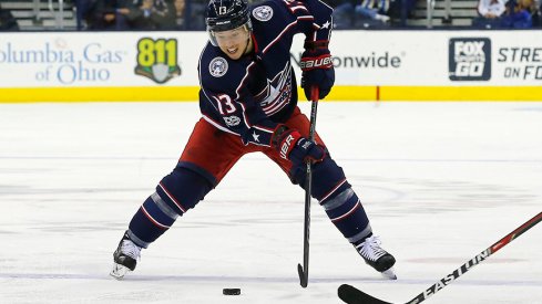 Cam Atkinson skates with the puck against the Nashville Predators.