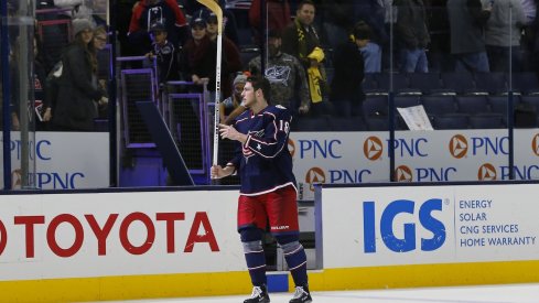 Pierre-Luc Dubois looks to give away a stick after being named to "Three Stars"