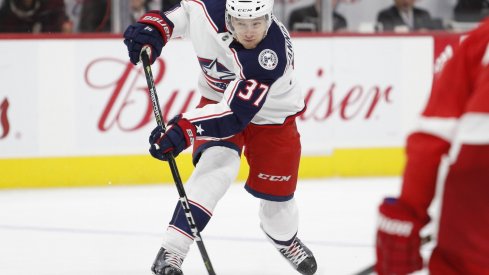 Markus Hannikainen takes a shot against the Detroit Red Wings