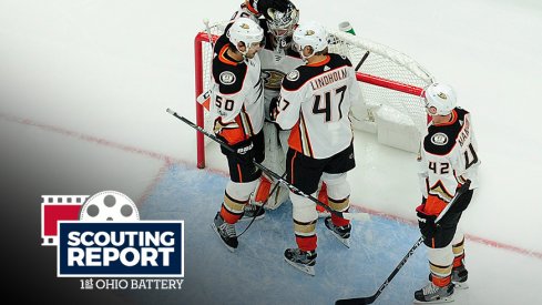 The Anaheim Ducks celebrate a win over the St. Louis Blues