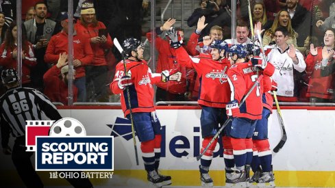 The Washington Capitals celebrate a goal against the Los Angeles Kings