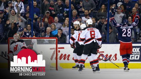 Oliver Bjorkstrand celebrates scoring a goal against the New Jersey Devils