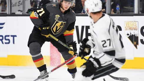 Golden Knights forward William Karlsson skates with the puck against the Kings