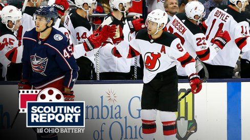 Taylor Hall celebrates a Devils goal against the Blue Jackets at Nationwide Arena