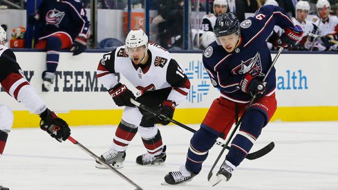 Artemi Panarin carries the puck against the Arizona Coyotes at Nationwide Arena. Panarin assisted on the game's only goal – one night after a five-assist game. 