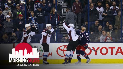 Erik Johnson and Blake Comeau score a goal in Nationwide Arena.