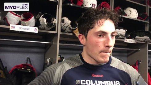 Zach Werenski talks to the media after a disappointing loss against the Colorado Avalanche