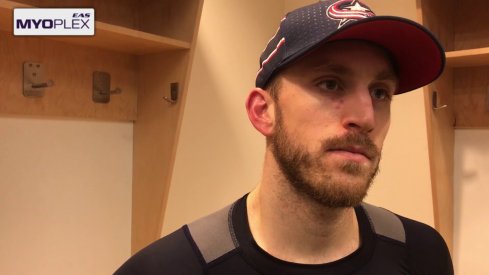 Jordan Schroeder talks to the media after the Blue Jackets' overtime win over the Maple Leafs