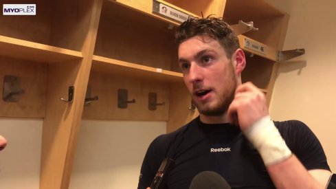 Pierre-Luc Dubois talks to the media after the Blue Jackets comeback win against the Maple Leafs