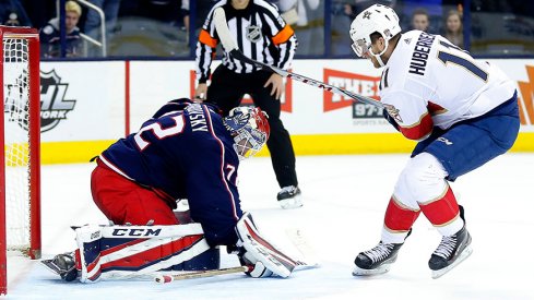 Sergei Bobrovsky makes a save on Jonathan Huberdeau during the Jackets shootout win over the Florida Panthers. 