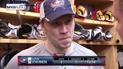 Blue Jackets forward Jussi Jokinen talks to the press after his first game with the team