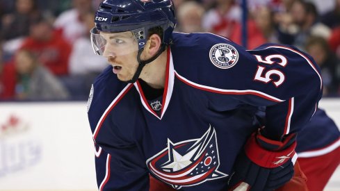 John Ramage waits for the puck to drop while he played for the Columbus Blue Jackets