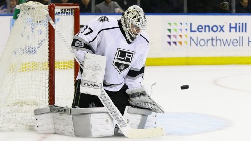 Jeff Zatkoff of the Los Angeles Kings waits for a puck 